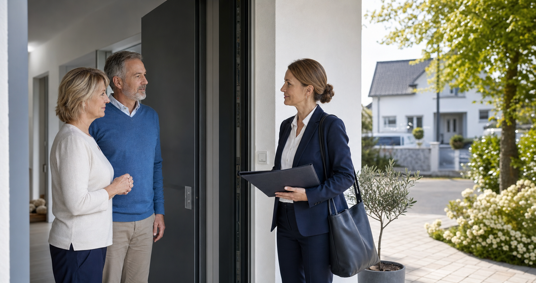 Pflegeberaterin beim Erstgespräch an der Haustür eines Paares