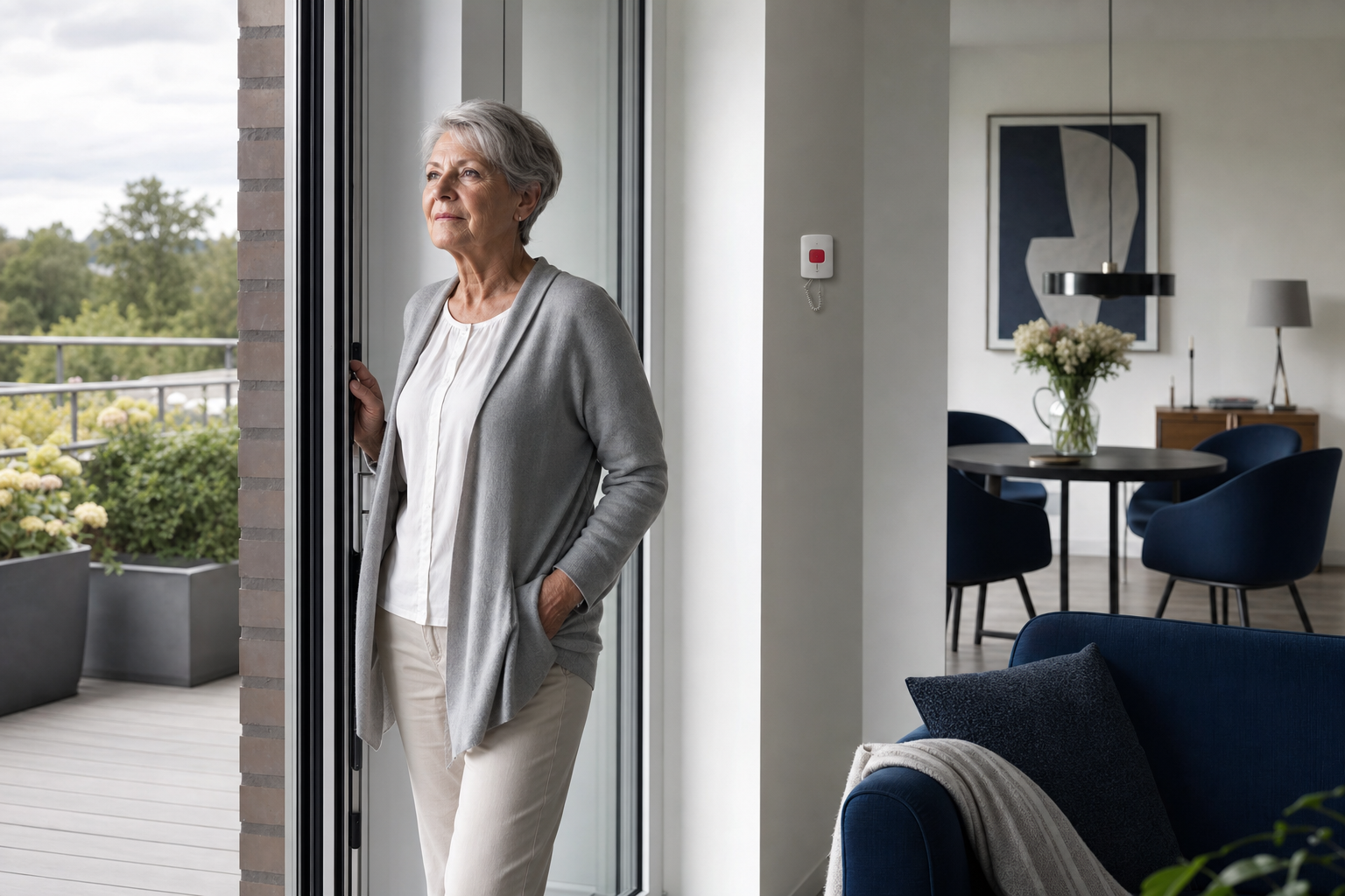 Seniorin in einer modernen barrierearmen Wohnung mit Balkon