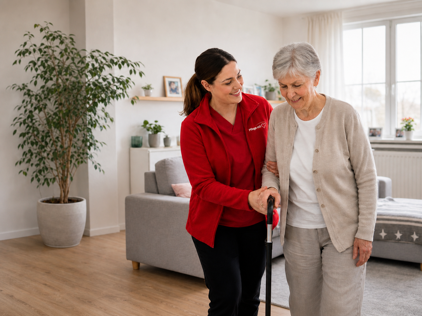 Pflegekraft begleitet eine Seniorin sicher beim Gehen in Dessau-Roßlau