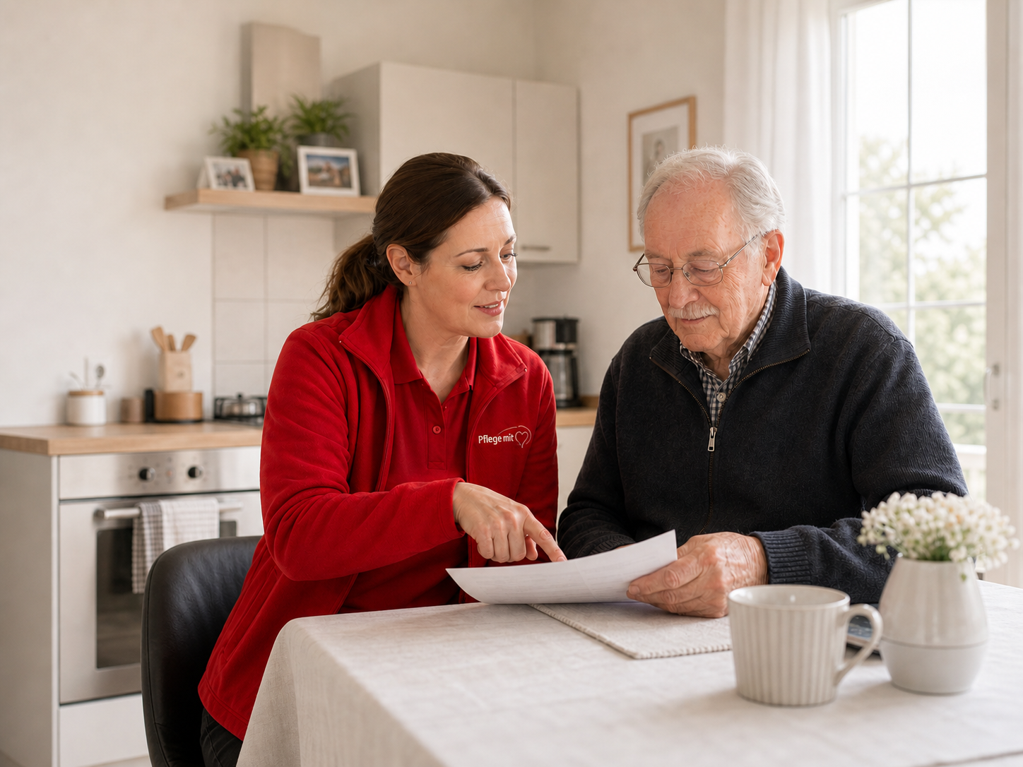Pflegekraft bespricht mit einem Senior den individuellen Pflegebedarf in Halle