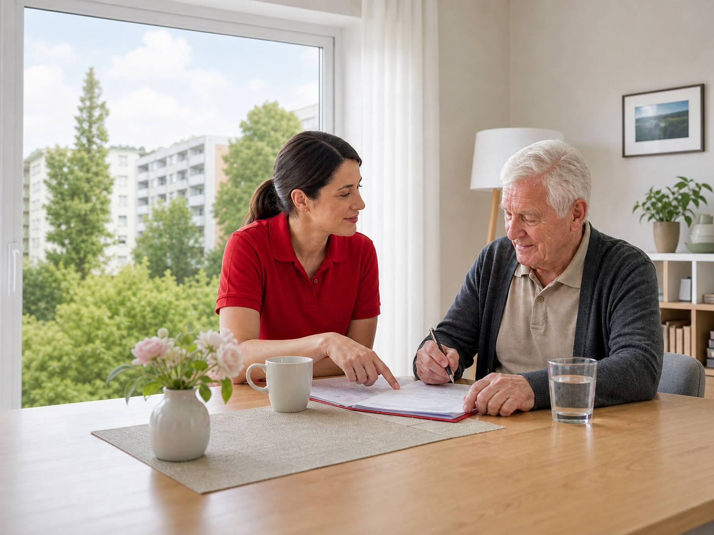 Pflegekraft unterstützt einen Senior bei Unterlagen in Leipzig-Grünau
