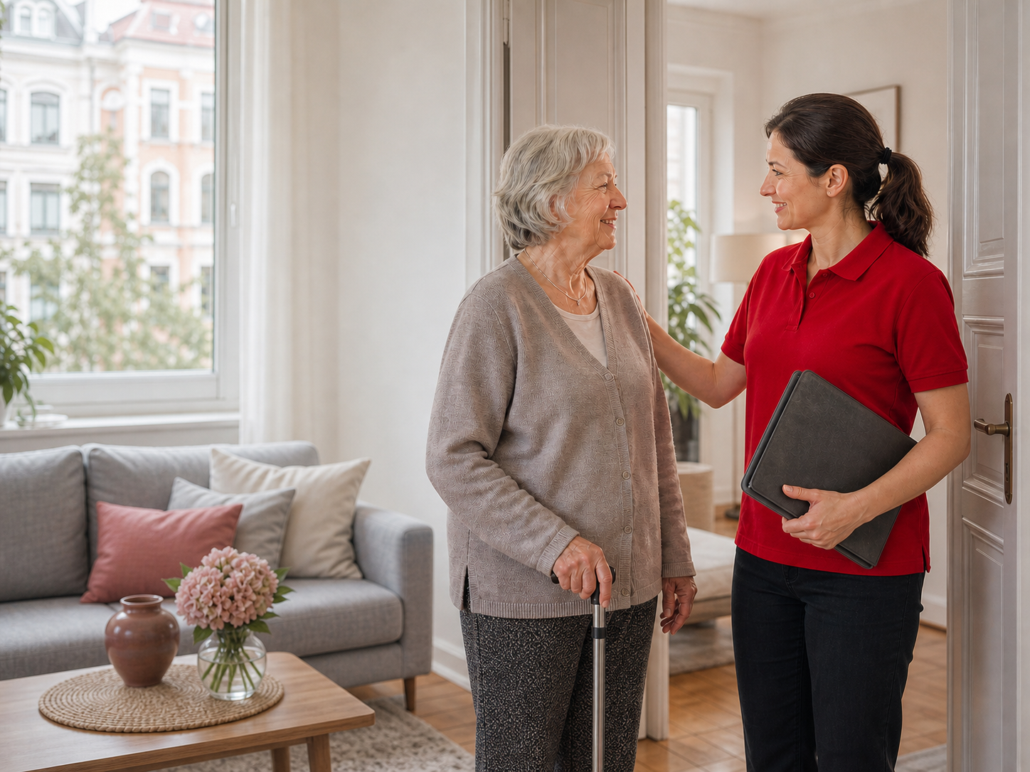 Pflegekraft begrüßt eine Seniorin persönlich in ihrem Zuhause in Leipzig-Reudnitz